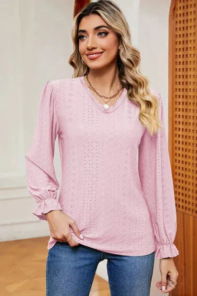 Eyelet V-Neck Flounce Sleeve T-Shirt Blush Pink Women's T-Shirts - Tophatter Daily Deals